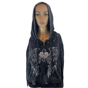 Social Collision Winged Heart Bejeweled Dark Wash Crop Girls Hoodie Sz 2   2X